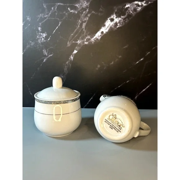 Gibson Ceramic Sugar & Creamer White with Silver Trim - Picture 2 of 5
